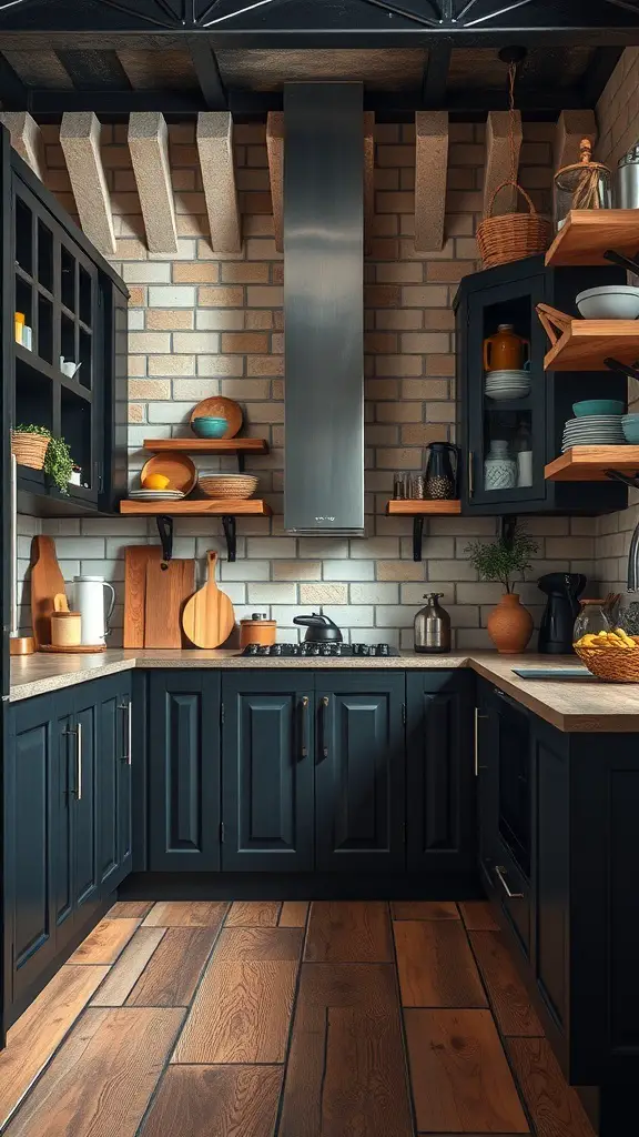 A rustic black kitchen featuring dark cabinets, wooden flooring, and open shelves with colorful dishes.