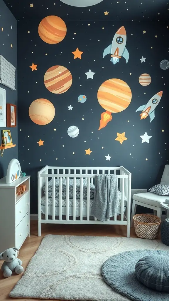 A nursery designed with a space exploration theme, featuring a crib, soft rug, and wall art of planets and rockets.