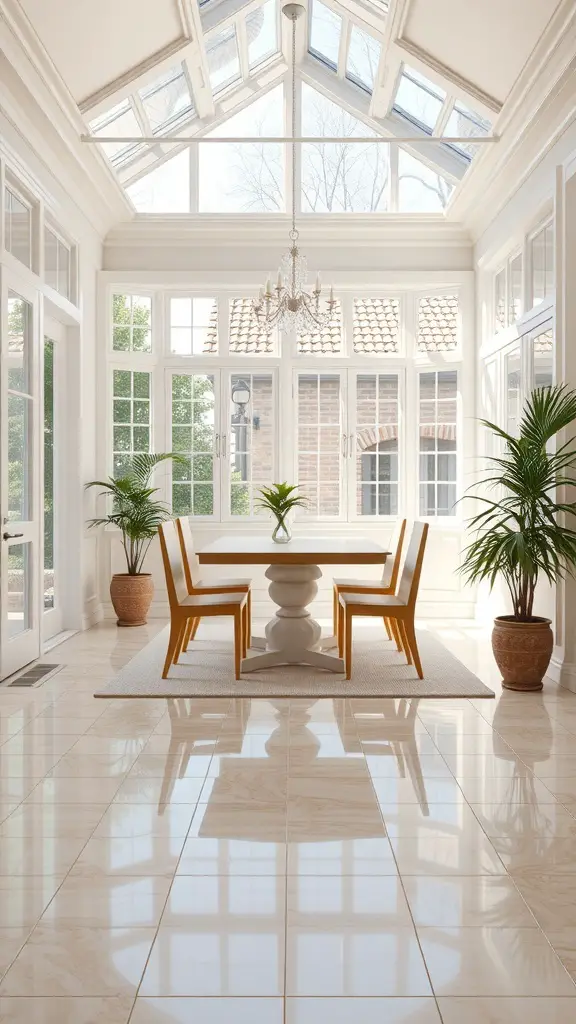 Bright sunroom dining area with large windows and glossy tile flooring