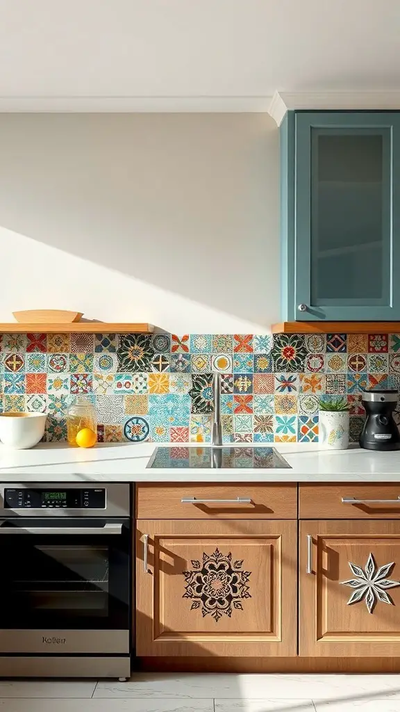 Colorful tiled backsplash in a modern kitchen with wooden cabinets and a sleek countertop.