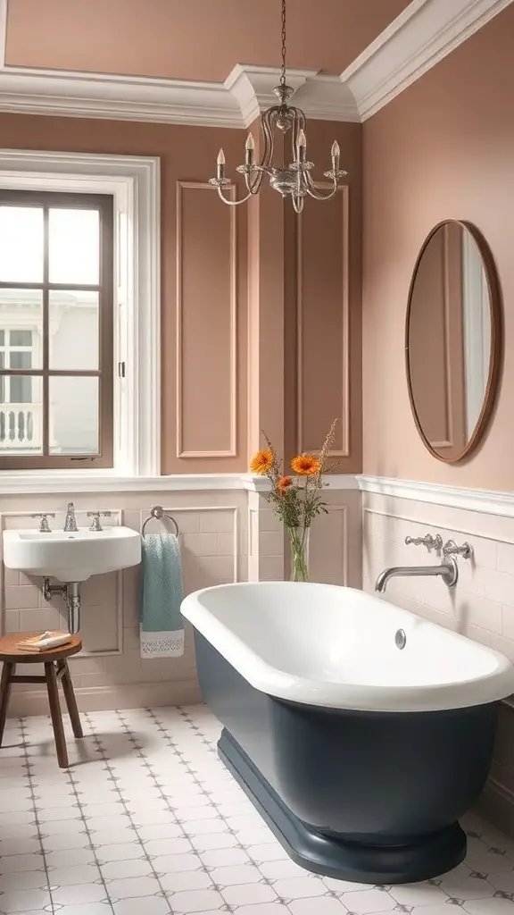 A stylish bathroom featuring board and batten with warm blush walls and a dark blue bathtub.