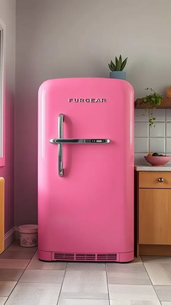 A bright pink refrigerator in a modern kitchen setting.