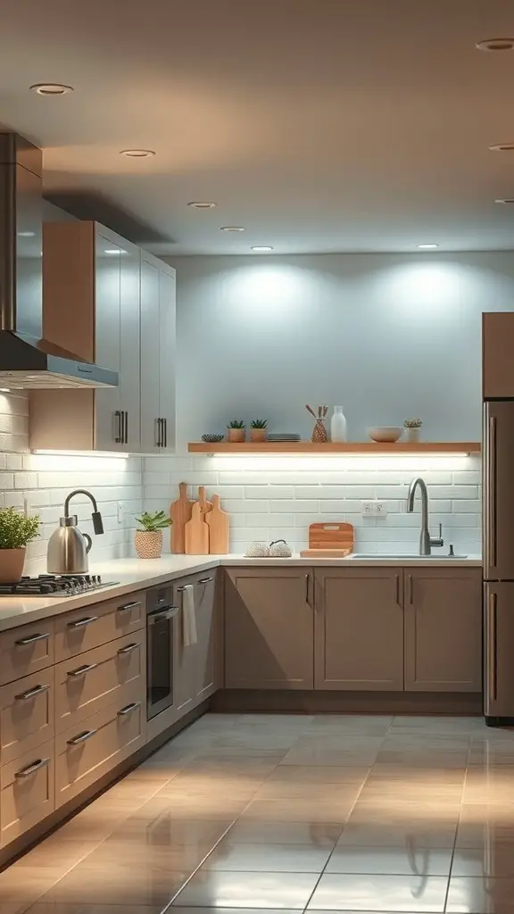 A modern kitchen with layered lighting including recessed lights and under-cabinet illumination.