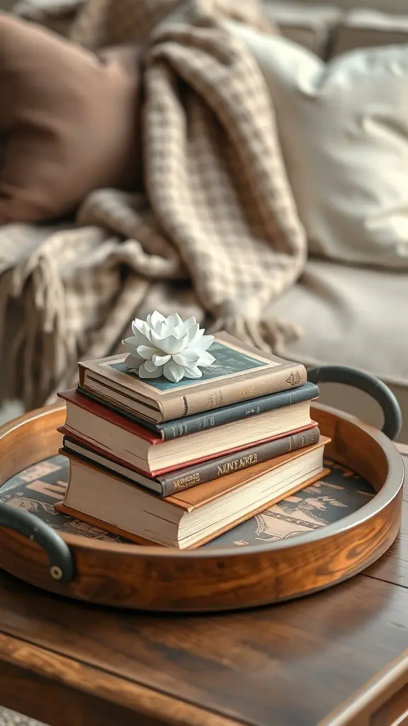 A vintage book stack centerpiece on a coffee table, featuring a decorative flower on top.