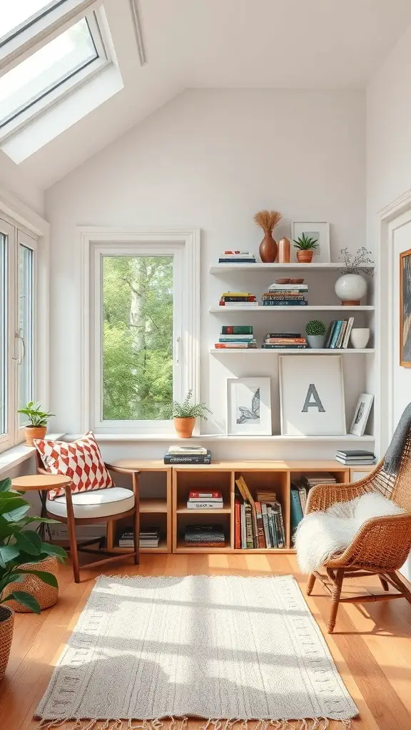 A cozy sunroom featuring a shelving unit with books and plants, bright sunlight coming through the windows.