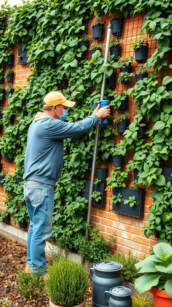 A person watering a green plant wall with hanging pots on a brick background.