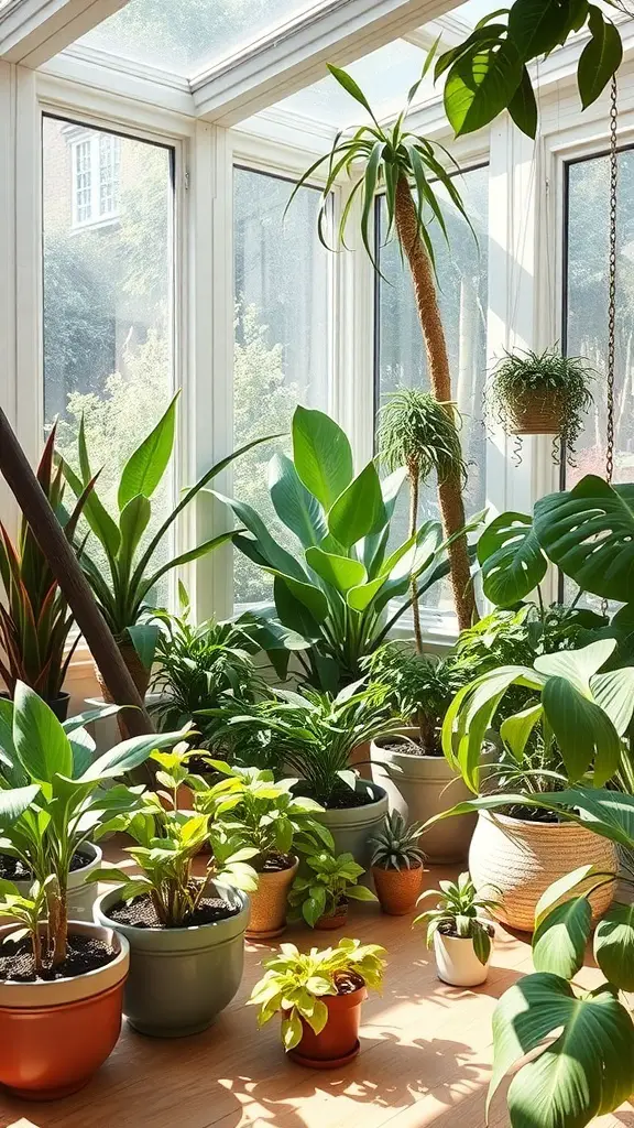 A cozy sunroom filled with various indoor plants in different pots.