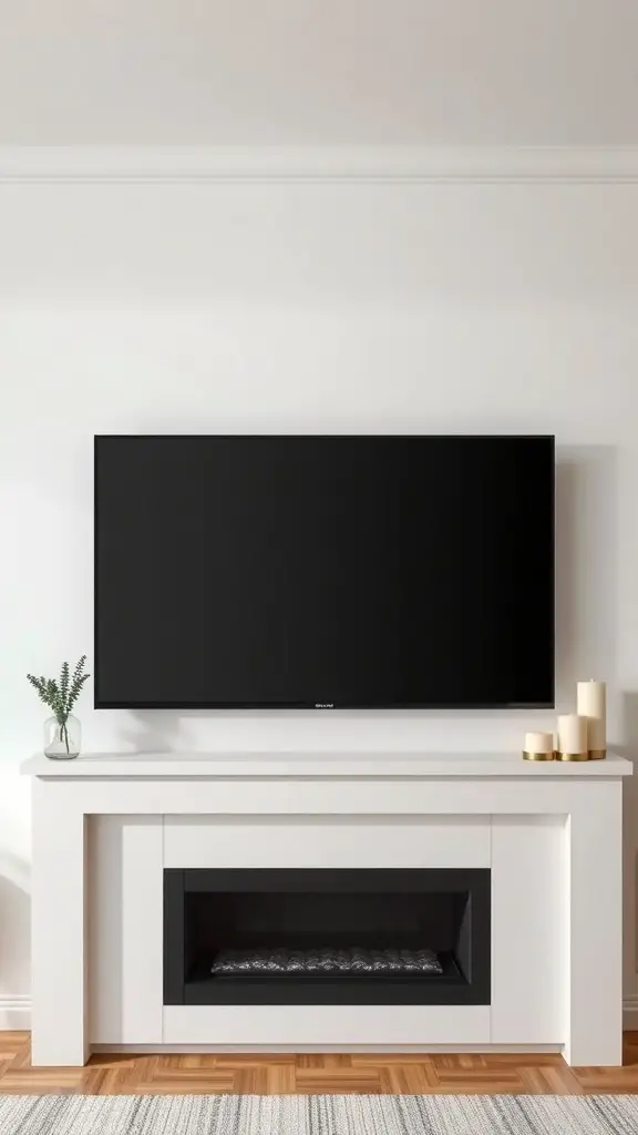 Minimalist TV mantle design with a black TV, white mantle, and modern fireplace.