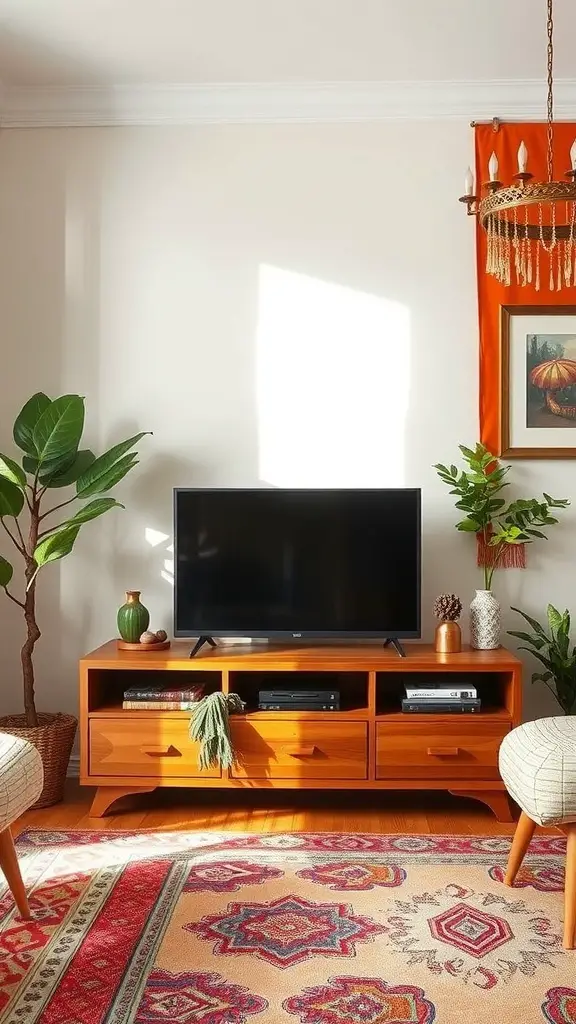 29+ Stunning Boho TV Stands for Your Living Room Makeover 3 A cozy living room featuring a wooden TV stand with storage, plants, and a colorful rug.
