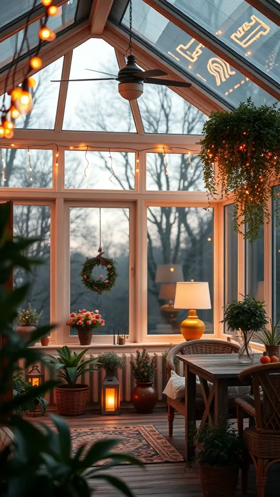Cozy sunroom with warm lighting, plants, and comfortable seating