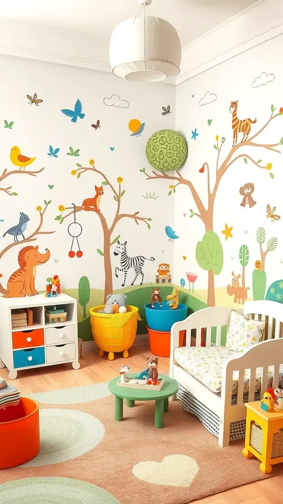 A colorful nursery with whimsical wall murals featuring animals and trees.