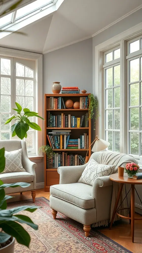 29+ Charming Vintage Sunroom Ideas for a Timeless Retreat 7 A cozy reading nook in a vintage sunroom with a bookshelf, armchairs, and plants.