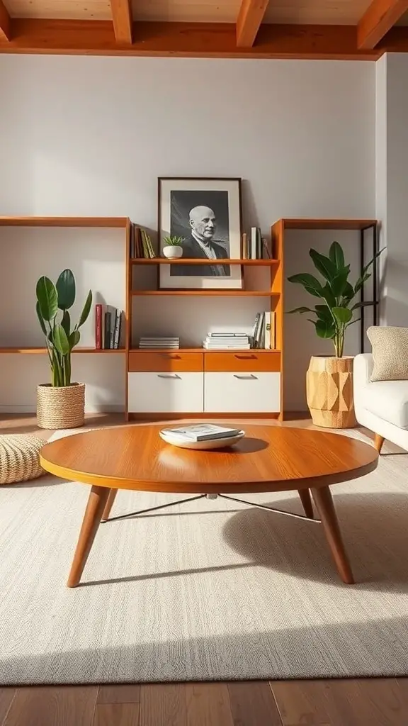 27+ Stunning DIY Coffee Table Ideas You Can Create at Home 5 Mid-century modern coffee table with round top and slender legs in a stylish living room setting