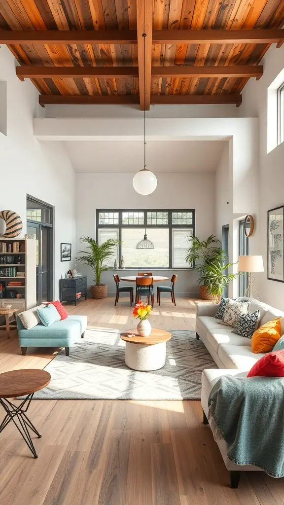 A stylish open concept living room with wooden beams, bright furniture, and plants.