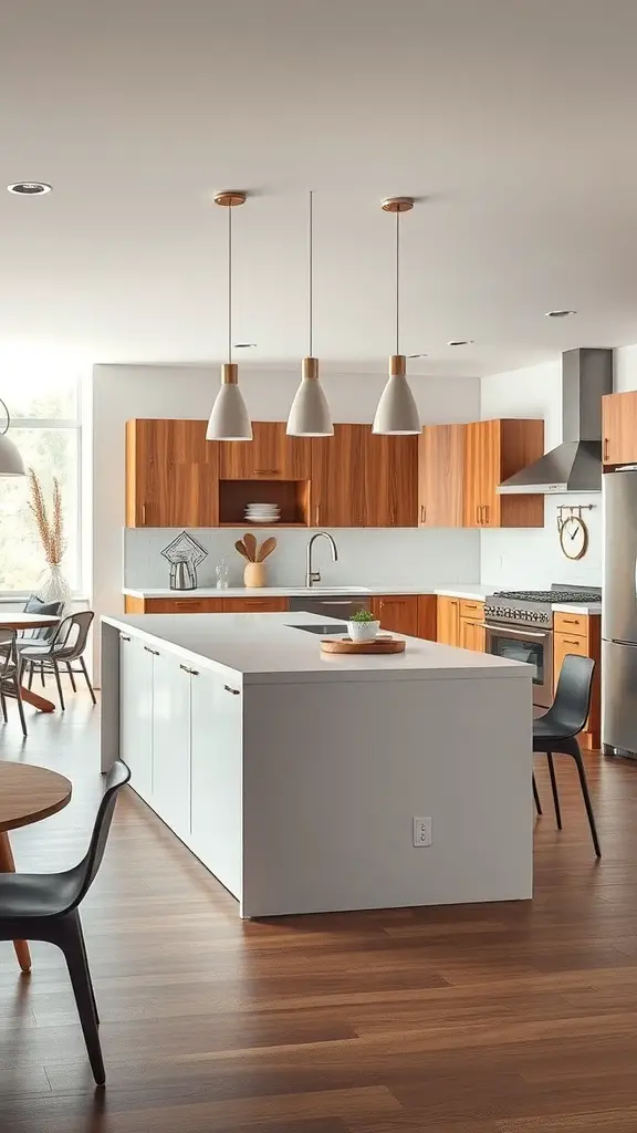 A modern kitchen with a functional island, wooden cabinets, and pendant lighting.