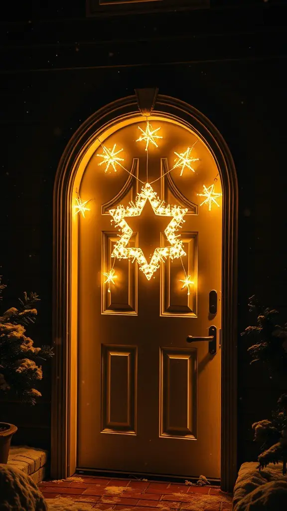 25+ Unique Winter Door Decorations to Brighten Your Home 11 A door decorated with an illuminated Christmas star and smaller stars, glowing warmly against a dark background.