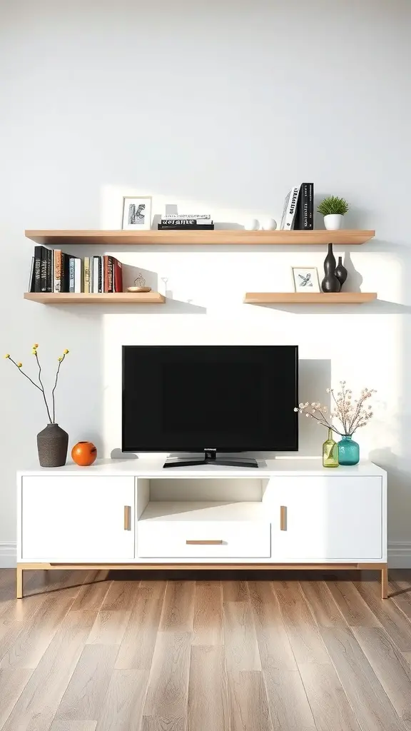 A modern TV console with wall-mounted shelves displaying books and decorative items.