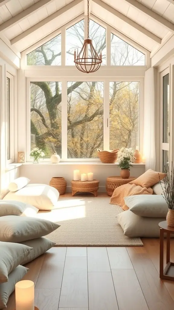 27+ Enclosed Sunroom Ideas to Brighten Your Home 2 A serene meditation space in an enclosed sunroom with soft pillows, plants, and natural light.