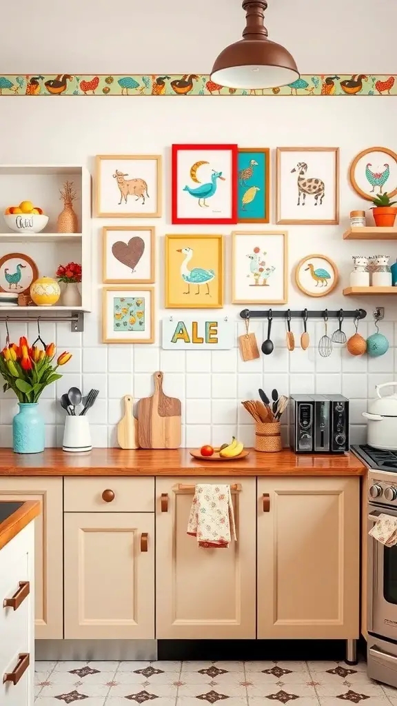 A colorful kitchen wall decorated with animal-themed art and playful decor.