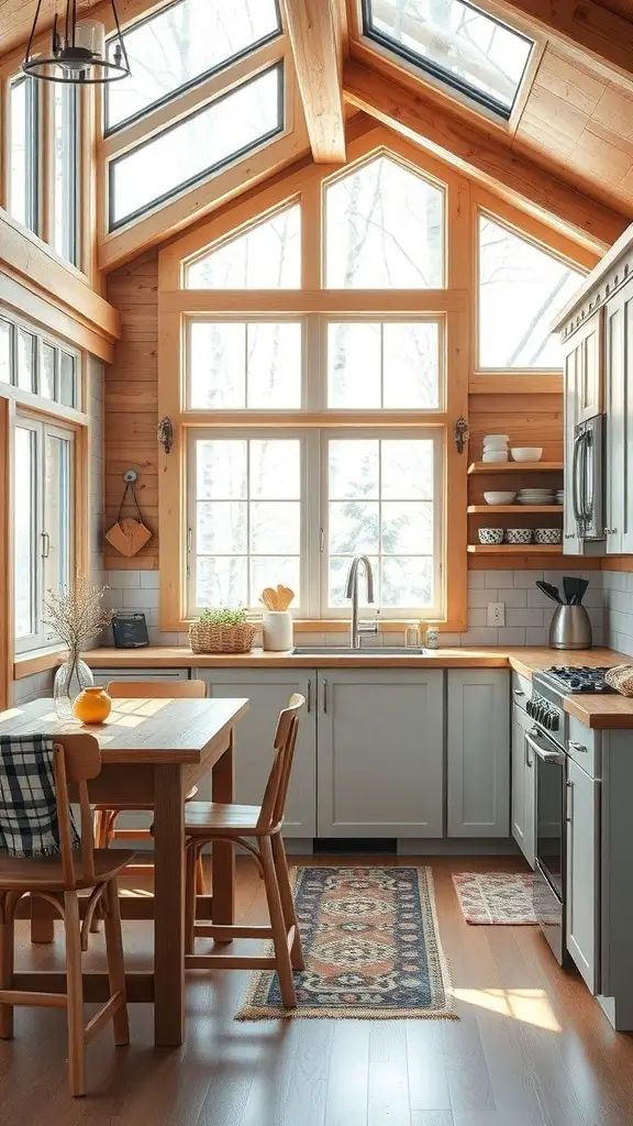 A bright winter cabin kitchen with large windows and wooden accents.