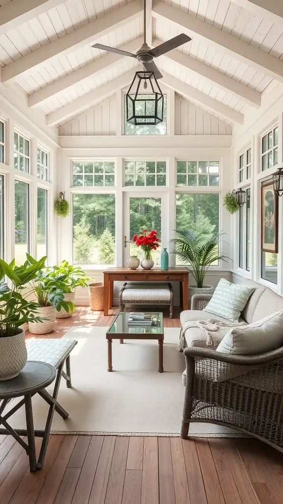 29+ Stunning Porch to Sunroom Conversion Ideas to Transform Your Home 2 A bright and inviting sunroom with comfortable furniture and plants.