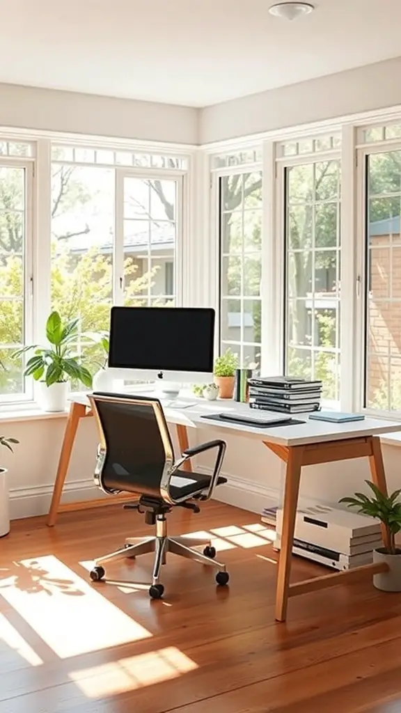 27+ Enclosed Sunroom Ideas to Brighten Your Home 6 A bright home office in a sunroom with large windows and plants.