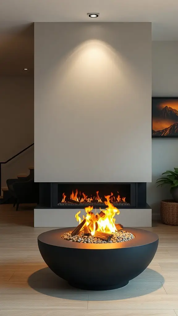 23+ Modern Fireplace Ideas to Elevate Your Home Decor 8 A modern bioethanol fireplace with flames and pebbles, set in a contemporary living space.