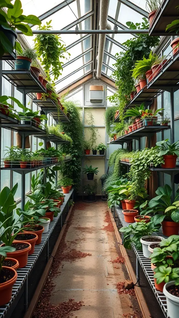 29+ Creative DIY Greenhouse Ideas for Your Garden 8 Interior view of a vertical gardening greenhouse with shelves of potted plants