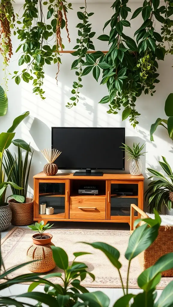 29+ Stunning Boho-Inspired Entertainment Centers to Transform Your Space 7 A boho-style entertainment center surrounded by various lush green plants.