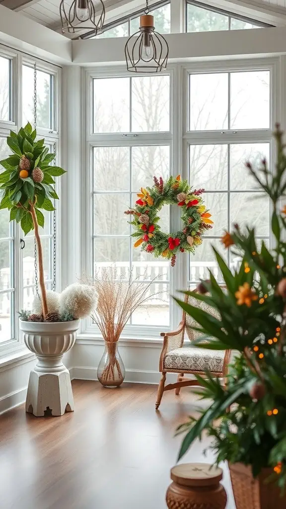A cozy sunroom featuring a seasonal wreath, potted plants, and natural decor.