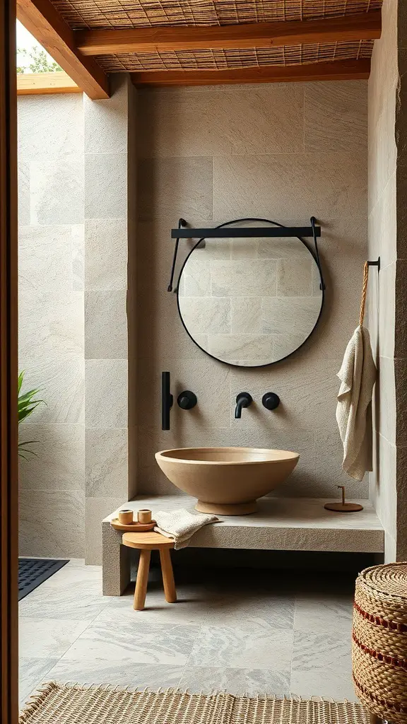 A semi-outdoor bathroom featuring natural stone walls, a round mirror, and earthy textures.
