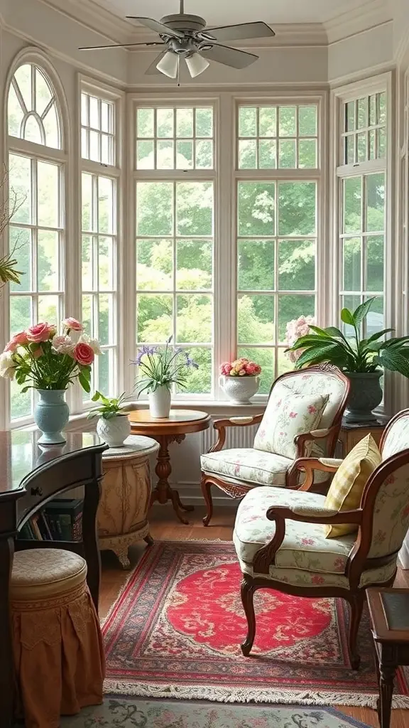 29+ Charming Vintage Sunroom Ideas for a Timeless Retreat 2 A vintage sunroom with floral chairs, a side table, and plants, filled with natural light.