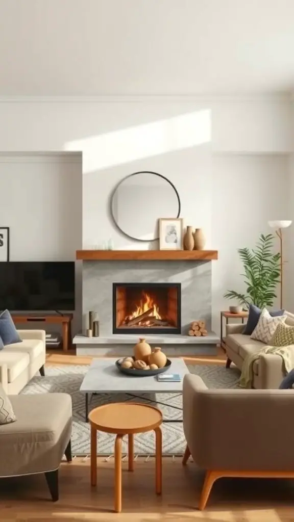 29+ Stunning Family Room Addition Ideas for Your Home 10 Cozy family room featuring a modern fireplace with a stone surround, comfortable seating, and decorative elements.