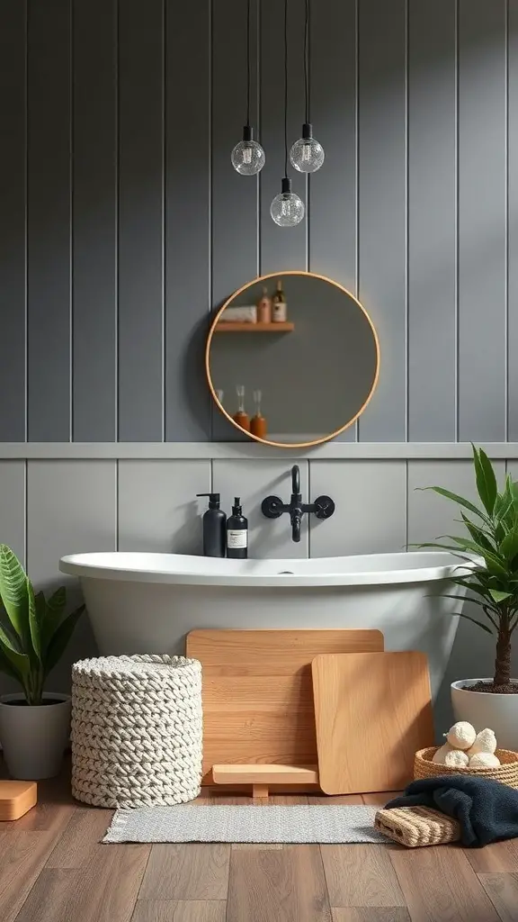 Modern bathroom with board and batten wall treatment, bamboo accessories, and contemporary lighting.
