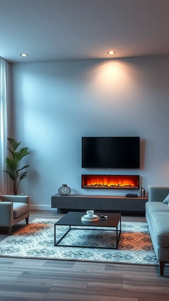 29+ Stunning Electric Fireplace Ideas to Complement Your TV 7 A modern living room featuring a sleek electric fireplace beneath a TV, creating a cozy atmosphere.