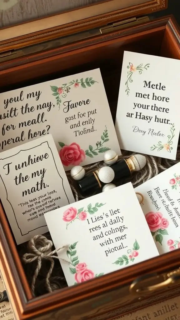 23+ Unique Memory Box Ideas s 10 A wooden memory box filled with decorative cards featuring quotes and poems.