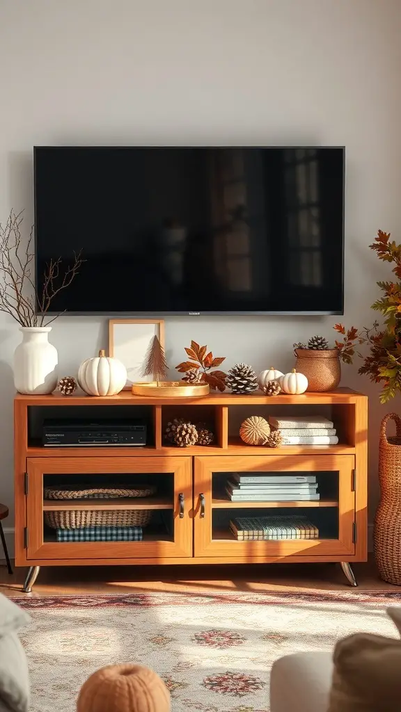 A cozy TV stand decorated for fall with pumpkins, pinecones, and books.