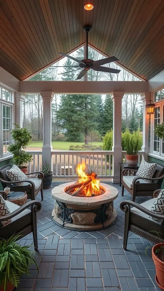 23+ Inspiring Three Season Porch Ideas to Transform Your Space 2 Cozy porch with a fire pit surrounded by comfortable seating and plants.