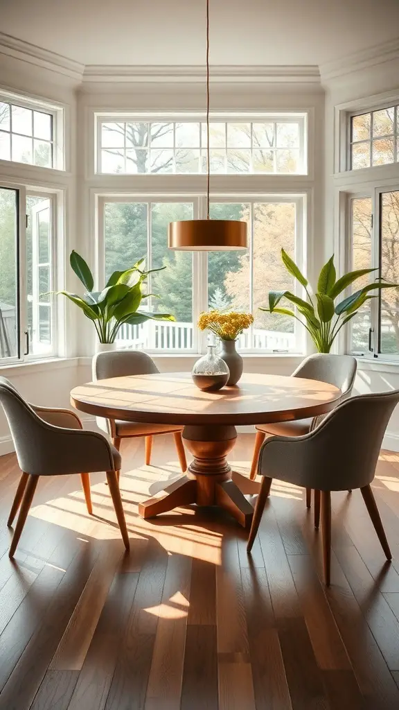 A cozy sunroom dining area featuring a round wooden table surrounded by comfortable chairs, with large windows letting in natural light and plants adding a fresh touch.