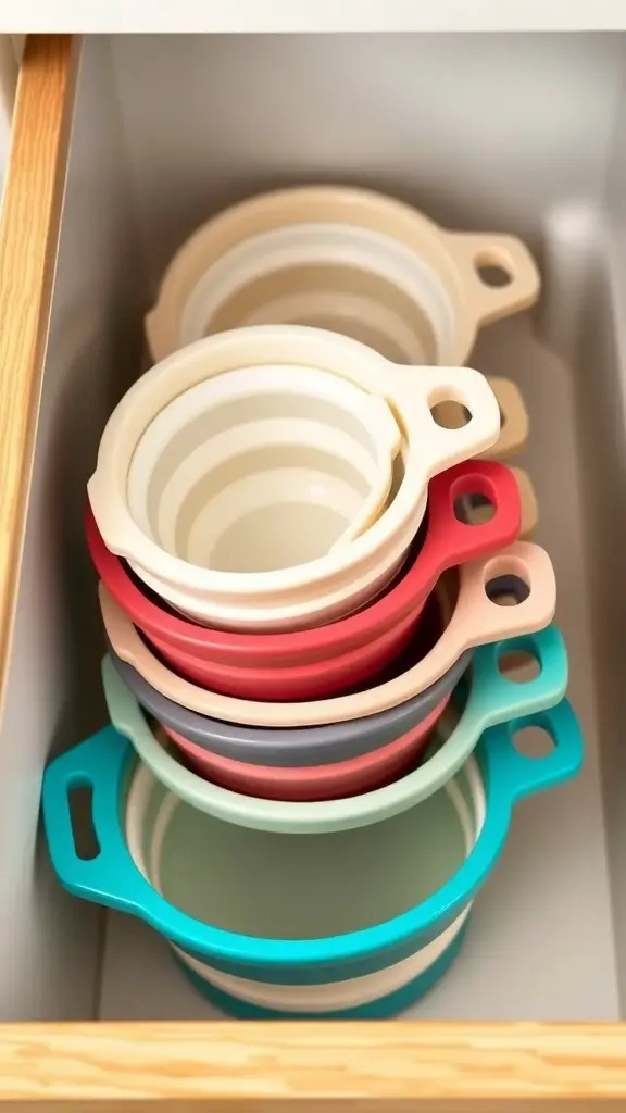 15 Must-Have Kitchen Gadgets for Ultimate Organization 10 A set of colorful collapsible measuring cups stacked neatly in a drawer.