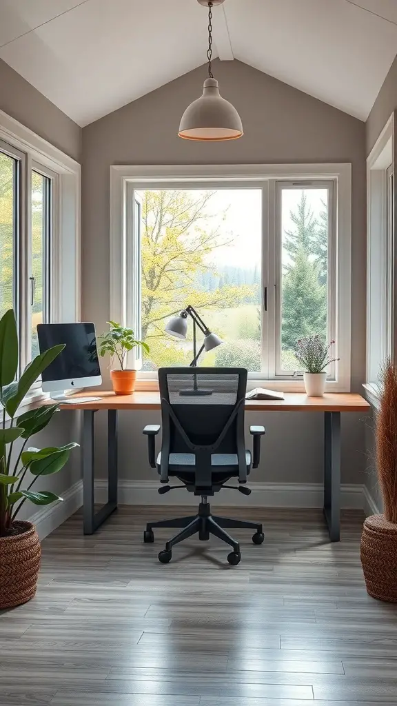 27+ Charming Small Sunroom Ideas to Brighten Your Home 8 A sunroom office space featuring a desk, chair, and large windows with a view of nature.