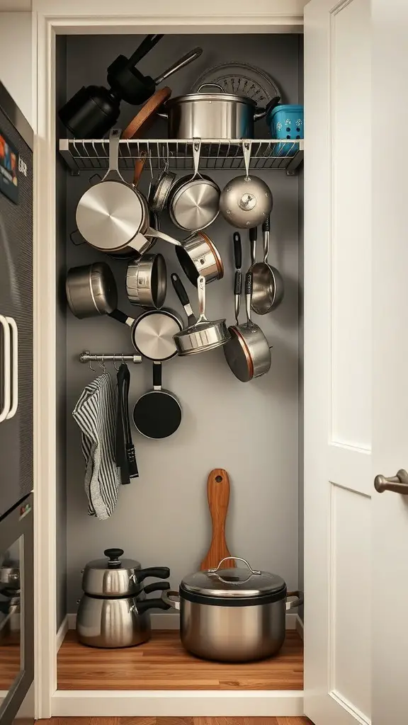 A hanging pot rack with various pots and pans organized in a small kitchen space.