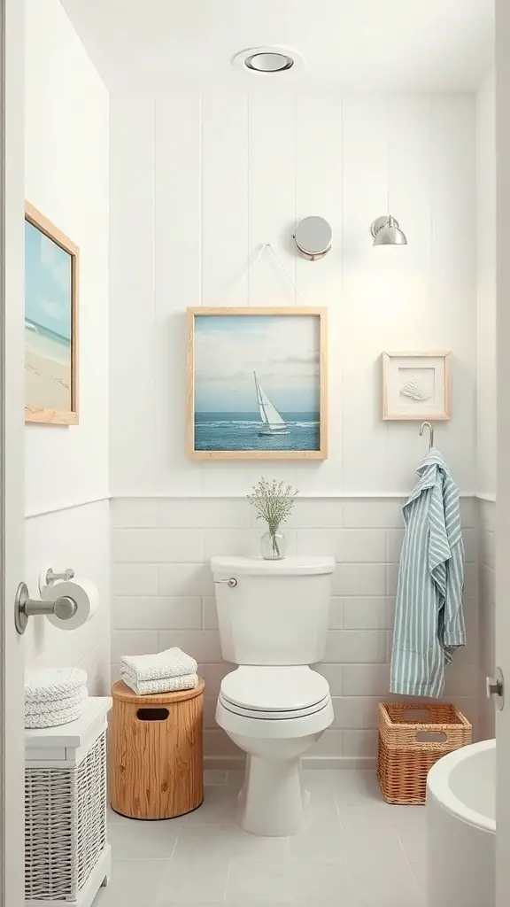 Coastal-themed bathroom with white walls, ocean artwork, and natural materials.