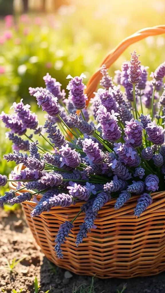27+ Stunning Lavender Flower Varieties for Your Dream Garden 2 A basket filled with freshly harvested lavender flowers, showcasing their vibrant purple color.