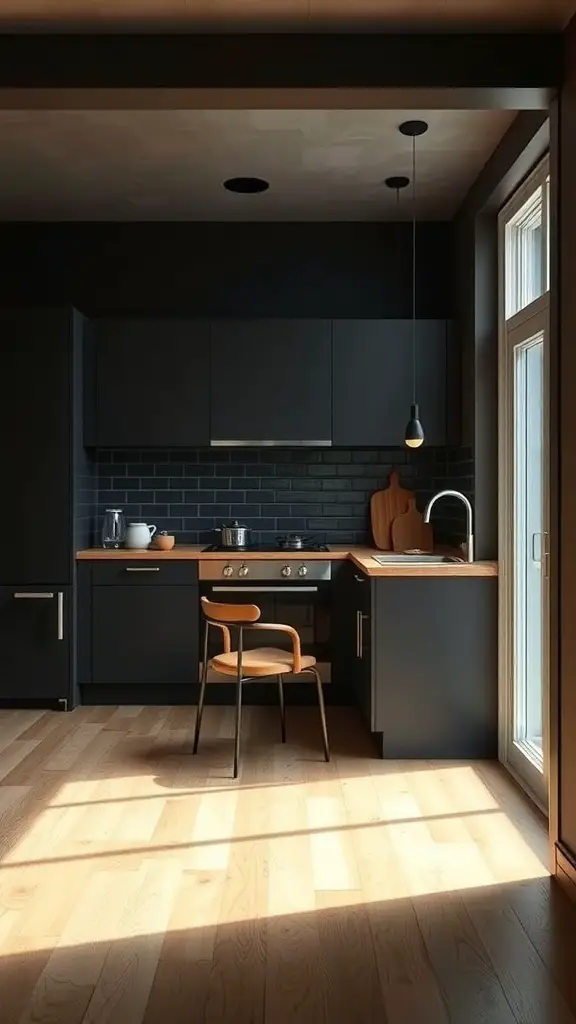 A modern kitchen with dark walls and light wooden flooring, featuring black cabinetry and a bright atmosphere.