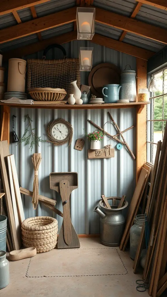 27+ Smart Small Shed Storage Ideas You Need to Try 7 A well-organized shed with overhead storage, featuring shelves, baskets, and decorative items.
