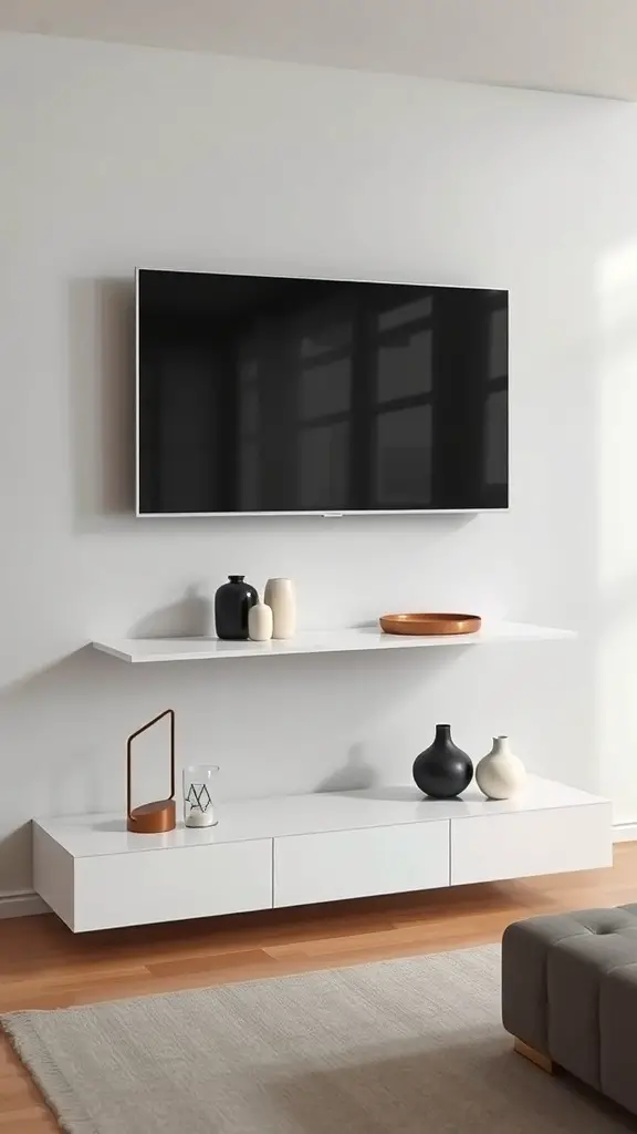 A modern floating TV stand with a white finish, featuring an open shelf and drawers, mounted on a wall.