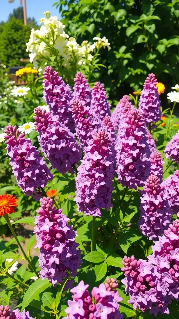 A vibrant display of lilac flowers in a garden, showcasing purple blooms surrounded by greenery.