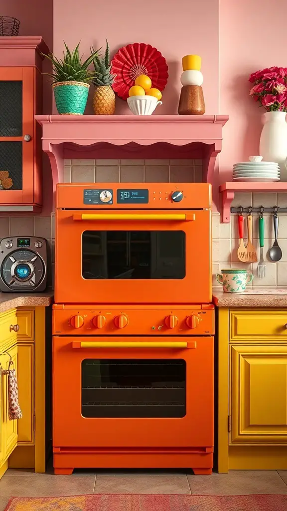 29+ Stunning Double Oven Kitchen Layout Ideas 12 A colorful kitchen featuring a vibrant orange double oven, yellow cabinets, and pink walls, adorned with plants and decorative items.