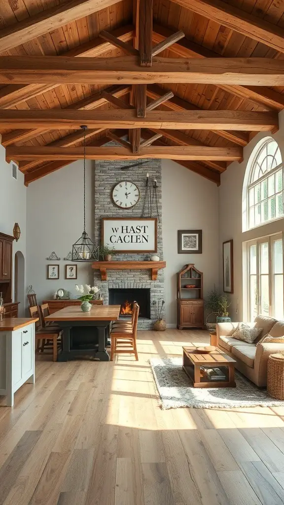 A cozy open kitchen and living room with rustic wooden beams, a stone fireplace, and natural decor.